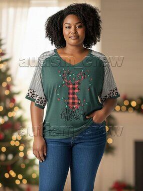 2/$24 💥🆕 Women's Green Red/Black Plaid Deer Christmas V-Neck Tee | 3XL | 5427